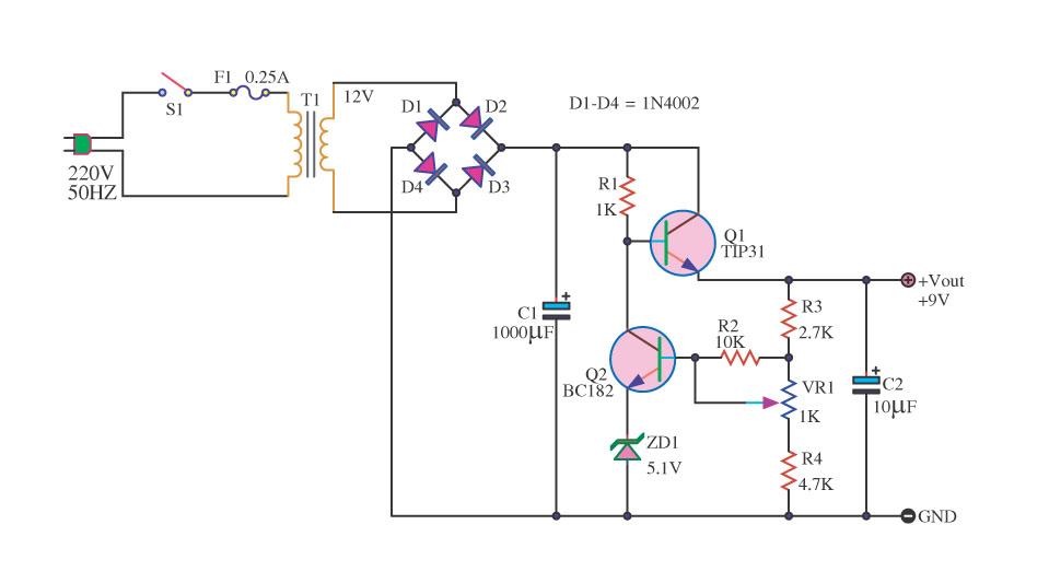 Free Circuit Diagrams: Simple Power Supply with 2 transistors