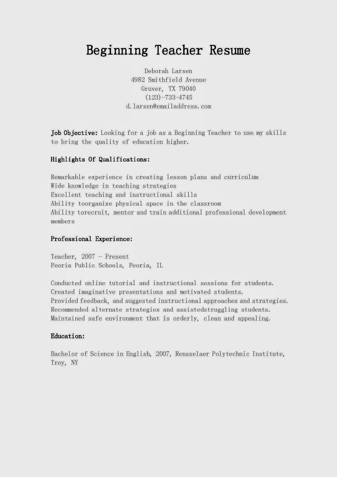 beginner teachers resume