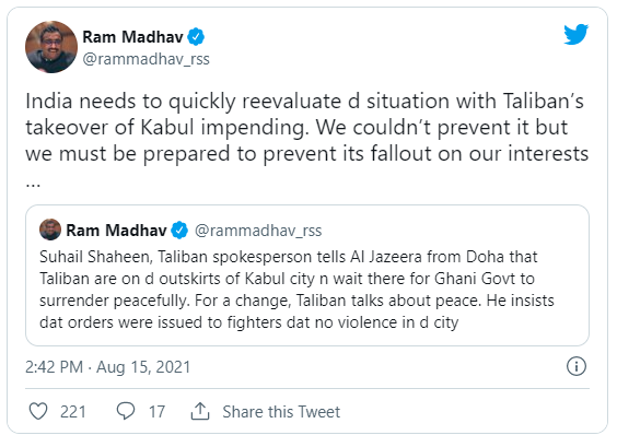 "India Needs To Quickly Re-Evaluate": RSS's Ram Madhav On Afghanistan