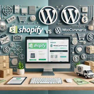 صورة تبرز الفرق بين Shopify وWooCommerce لإنشاء المتاجر الإلكترونية، مع شاشتين تعرضان واجهات النظامين وسط رموز التجارة الإلكترونية."