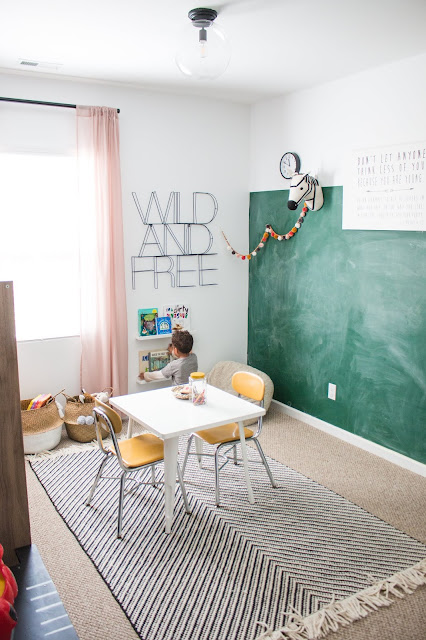 Valspar the perfect white and Rustoleum Green chalkboard paint in a playroom