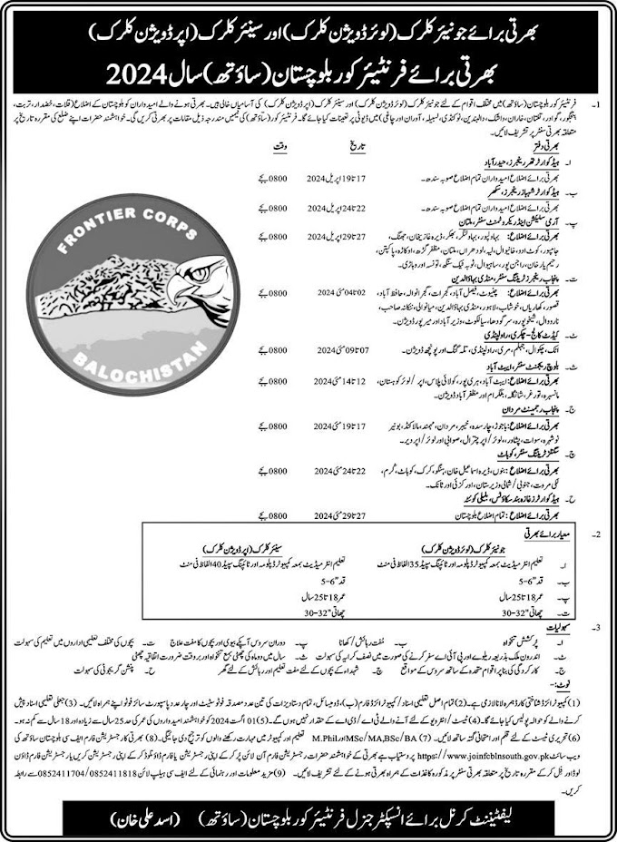 Pak Army Frontier Core FC Balochistan South Jobs 2024