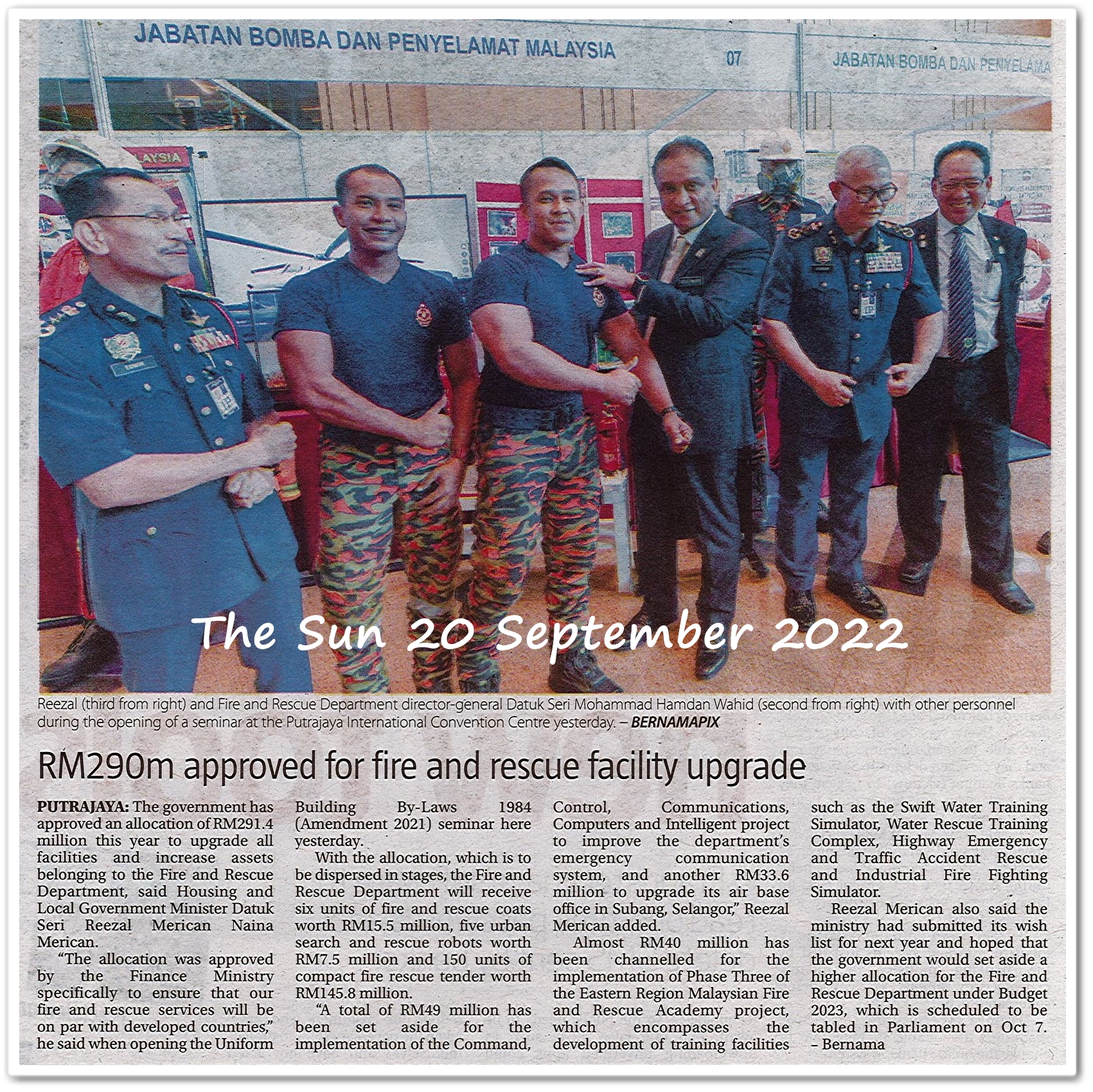 RM290m approved for fire and rescue facility upgrade - Keratan akhbar The Sun 20 September 2022