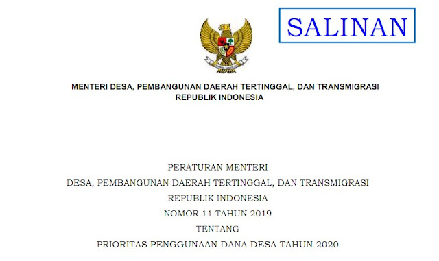 Peraturan Menteri PDTT Nomor 11 Tahun 2019 Tentang Prioritas Penggunaan Dana Desa Tahun 2020