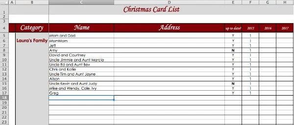 Digital Christmas card list available on google sheets or as an excel spreadsheet: Organize your Christmas card list on your desktop and keep track of addresses