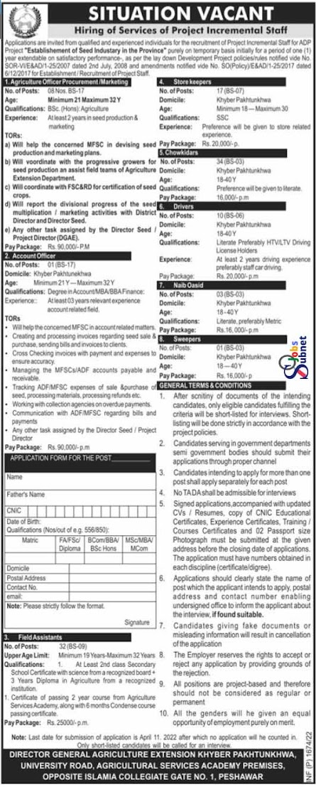 Today Jobs 2022 Agriculture Department in KPK Advertisement No-2