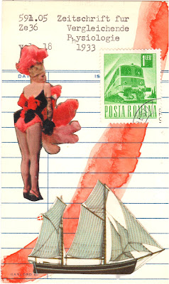 can can showgirl sailing ship vintage train stamp library due date card collage art by Justin Marquis