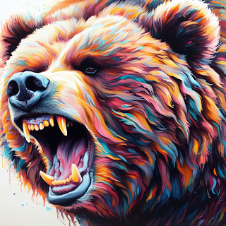 Bing Image Generator: A colorful painting of a growling grizzly bear in the style of Kelsey Rowland.