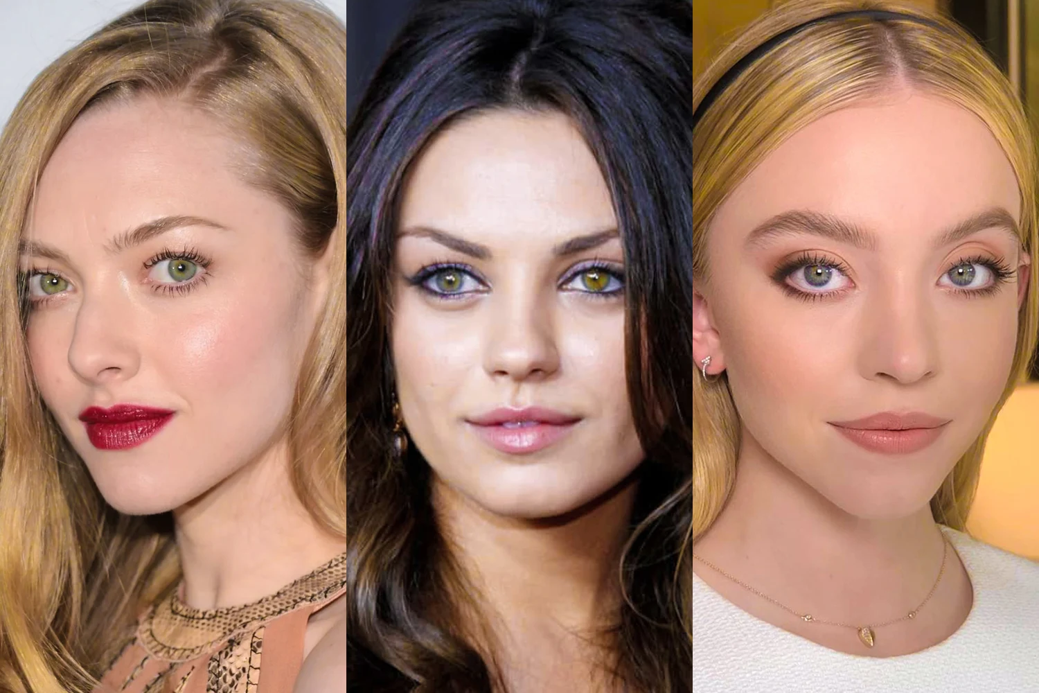 celebrities with big doe eyes:amanda seyfried, mila kunis and Sydney Sweeney