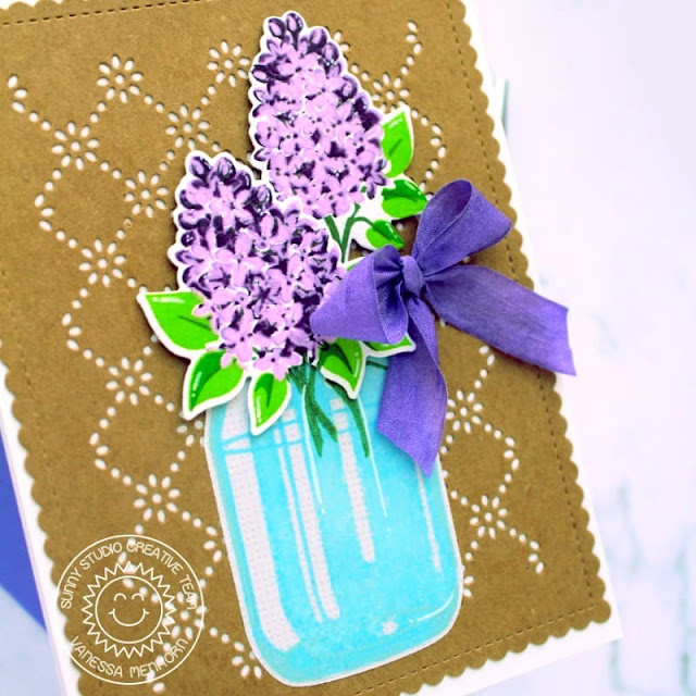 Sunny Studio Stamps: Lovely Lilacs Card by Vanessa Menhorn (featuring Frilly Frame Dies, Vintage Jar)