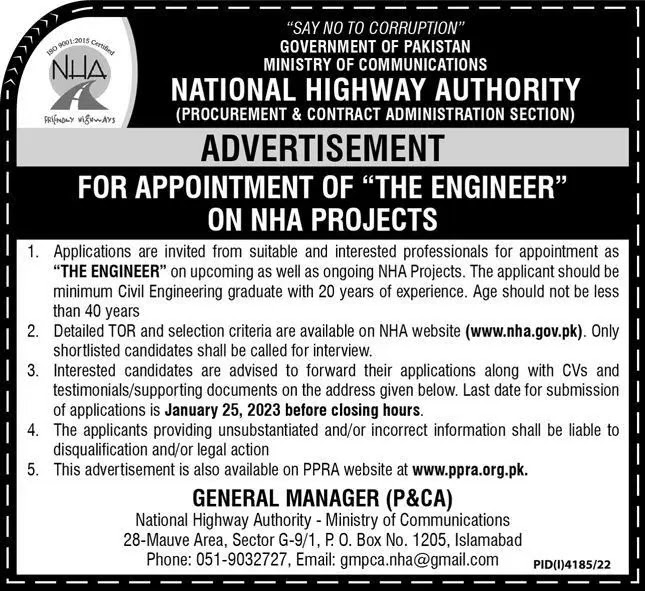 National Highway Authority NHA Jobs 2023 - Latest Advertisement