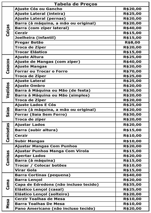 tabela de preço conserto de roupas