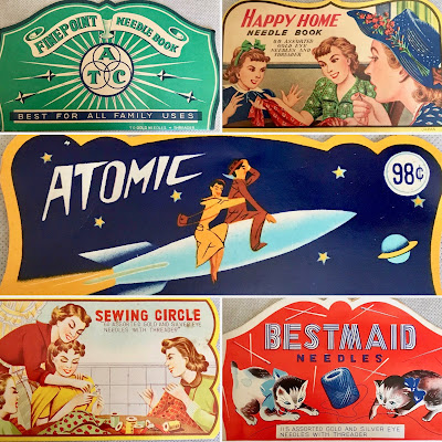 Colorful images of vintage sewing needle packets.