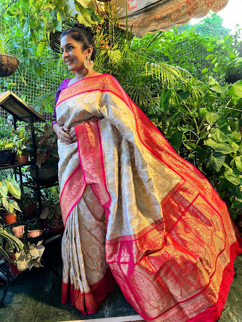 White and red Banarasi silk saree