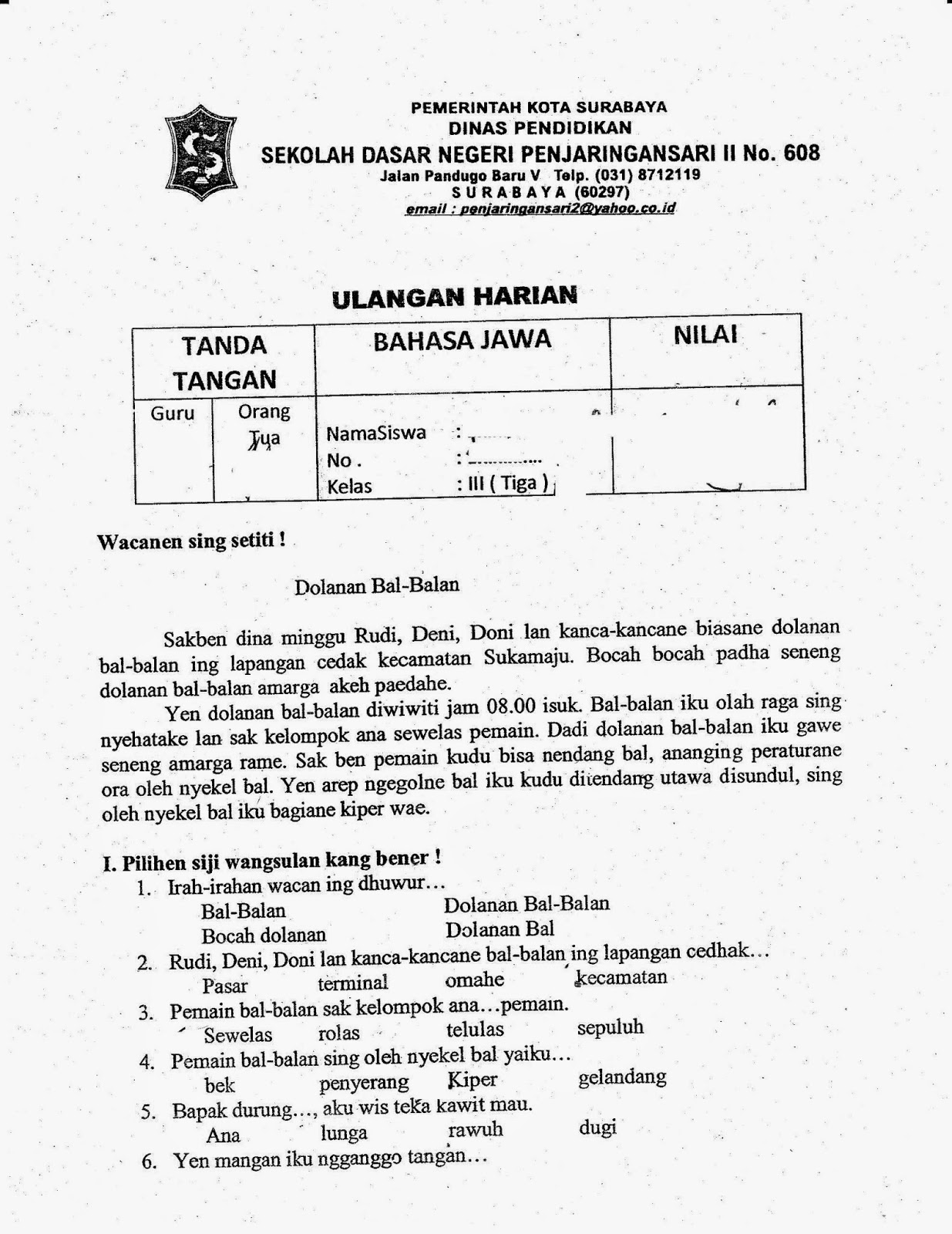 Ulangan Harian Bhs Jawa Semester Ganjil Kelas 3 SD TA 2014 2015