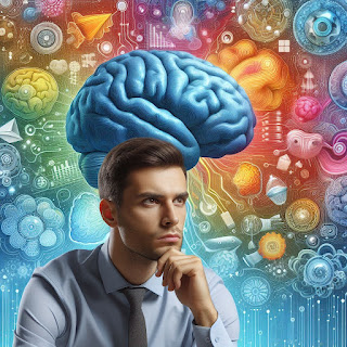 Seorang pria yang sedang berpikir dengan latar belakang gambar otak yang berwarna-warni