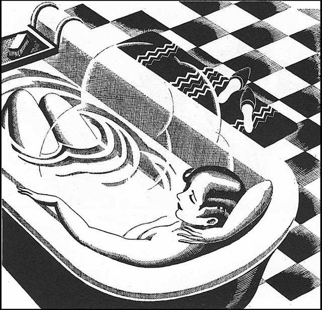 linoleum cut art by Claude Flight, woman in a bath tub