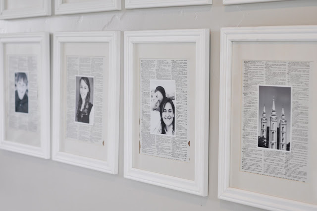 Create a vintage dictionary photo gallery wall with an old dictionary, black and white photos, and white frames from www.jengallacher.com. Includes tutorial photos. #gallerywall #photogrid #vintagedictionarypaper