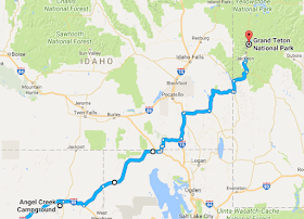 Map of route from Angel Creek Campground to Grand Teton National Park