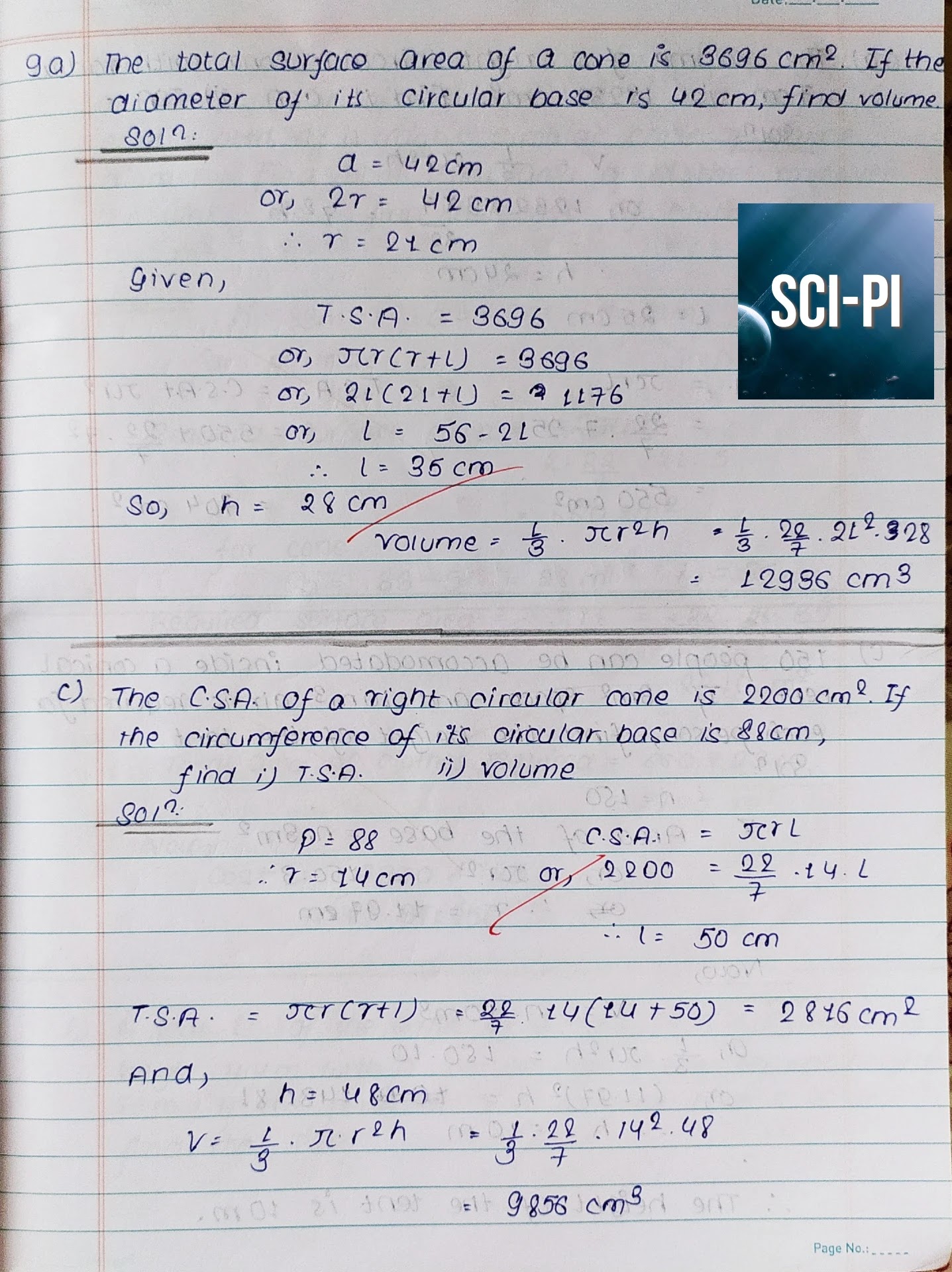 Exercise 7.3 Surface Area and Volume of Cone Class 10 Solutions | vedanta Excel in Mathematics