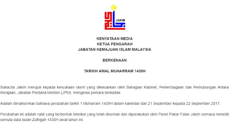 Perubahan Tarikh Awal Muharram 1439H