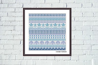 Blue Greek ornaments cross stitch hand embroidery sampler - Tango Stitch