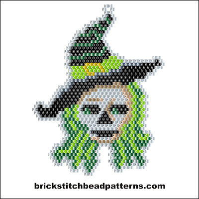Click for a larger image of the Witch Skull Halloween bead pattern labeled color chart.