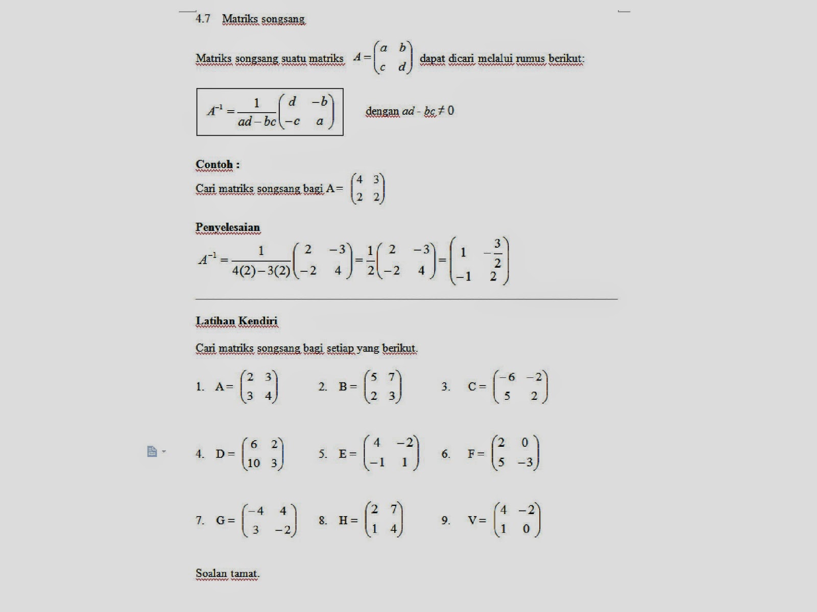 Matematik Tingkatan 4 dan 5: 4.7 Matriks Songsang