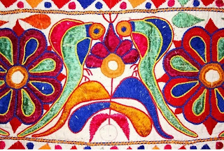 pair of parrots in kathi embroidery , Indian embroidery ,