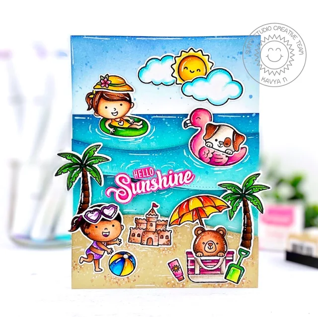 Sunny Studio Stamps: Beach Buddies Beach Babies Slimline Dies Tropical Scenes Beach Themed Summer Card by Kavya