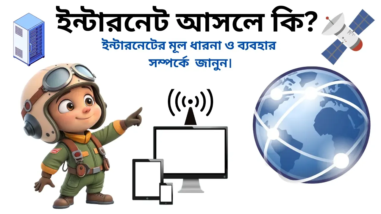 আঙুল দিয়ে দেখানো কার্টুন চরিত্র, সার্ভার, স্যাটেলাইট ও পৃথিবীর ছবি সম্বলিত ইন্টারনেট বিষয়ক ফিচার ইমেজ