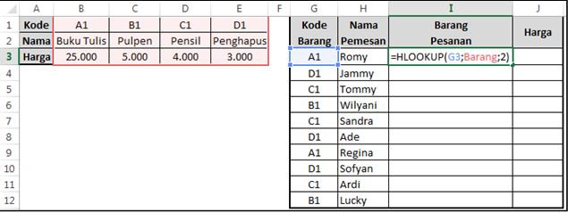 Pengisian Rumus Hlookup Pada Kolom Barang Pesanan Kasus I – Cara Pertama