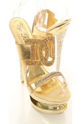 Gold Faux Leather Rhinestone Stack Mirror Platform Heels 