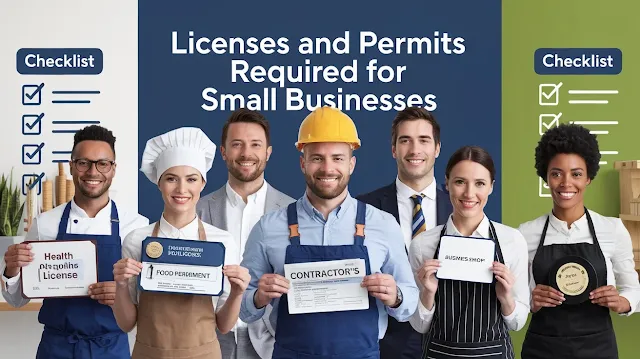 Diverse group of small business owners holding licenses and permits, with official documents and a compliance checklist in the background.