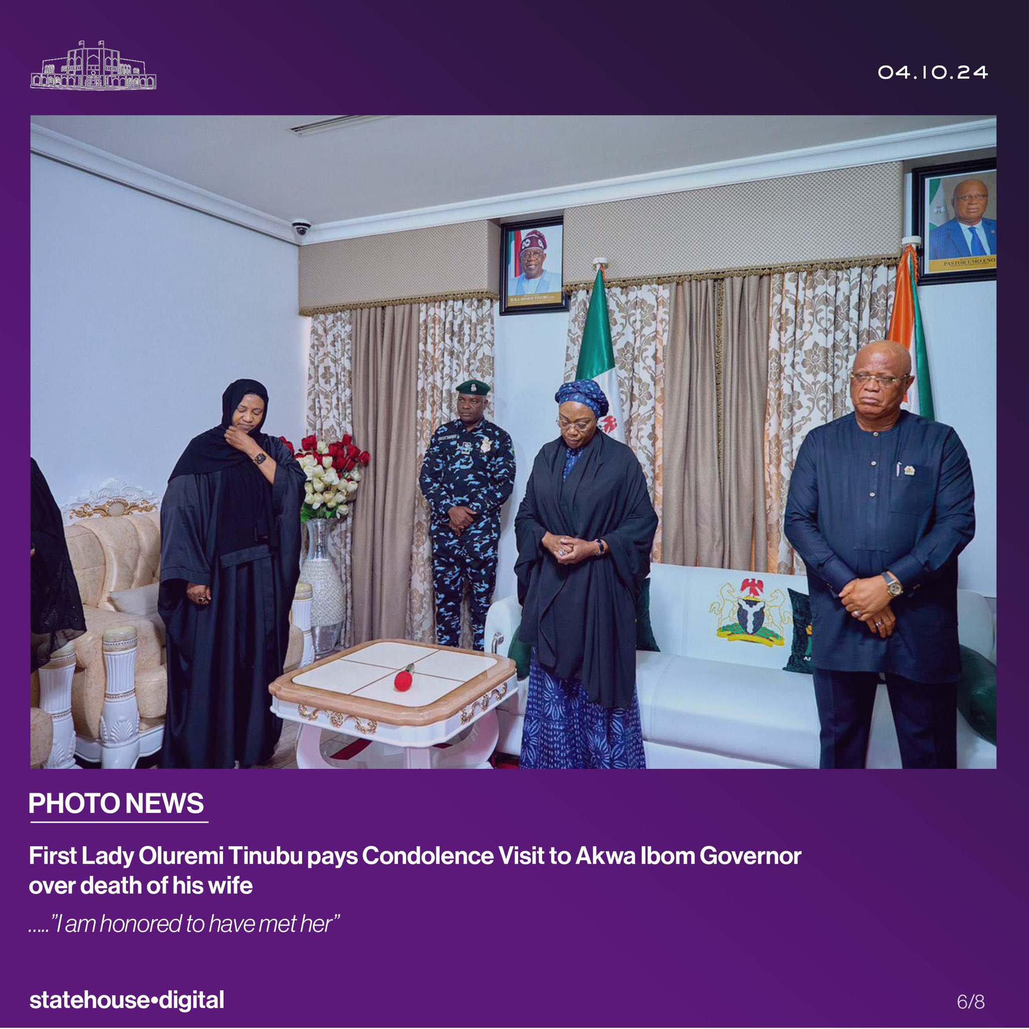 First Lady, Senator Oluremi Tinubu, pays condolence visit to Governor of Akwa Ibom, Umo Eno, over the passing of his wife, Pastor (Mrs.) Patience Umo Eno