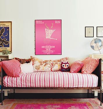 Daybed with pink stripes at Amanda Peet house