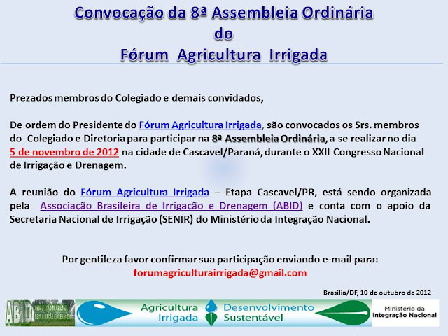 Convocação da 8ª Assembleia Ordinária do Fórum  Agricultura  Irrigada