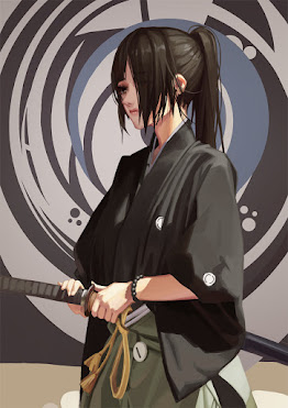 Jovem Samurai classica de kimono, representa a mestre do Iaijutsu
