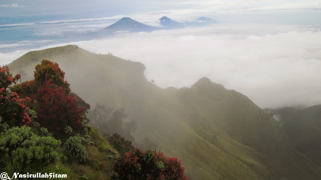 Pemandangan gunung Sindoro, Sumbing, dan Prau berjejeran