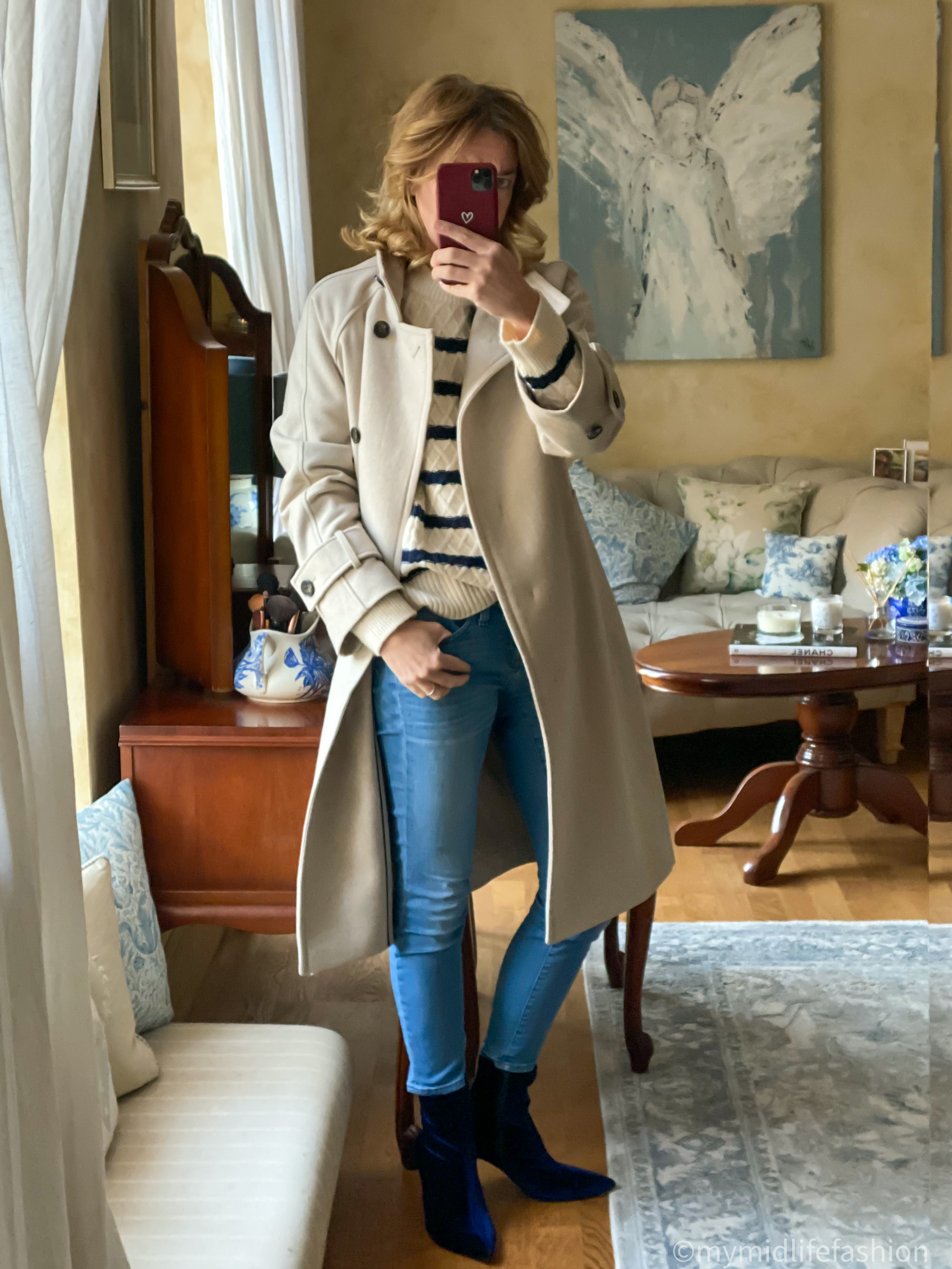 my midlife fashion, Jonzara part two rigmor trench style coat, h and m cable stripe jumper, j crew 8 inch toothpick skinny jeans, marks and Spencer velvet sock boot