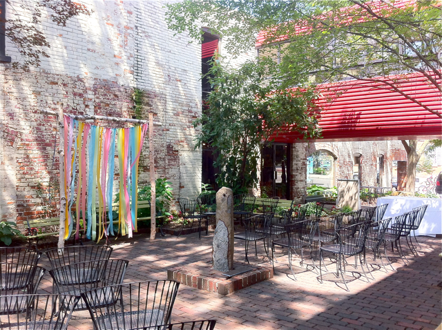 Kerrytown ann arbor wedding birch arbor ceremony backdrop ribbon curtain zingerman's on fourth 4th sweet pea floral design