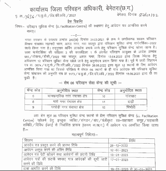 Application for opening Transport Facilitation Center in Chhattisgarh 2023 | छत्तीसगढ़ में परिवहन सुविधा केन्द्र खोलने के लिए आवेदन