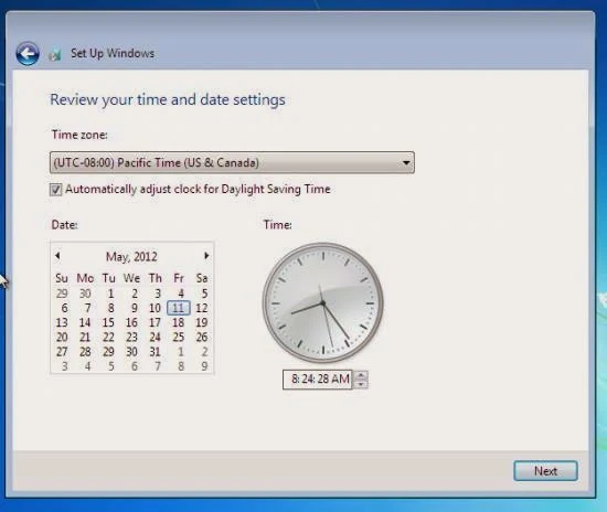 Instalare Windows 7 - setare time zone, ora si ceas