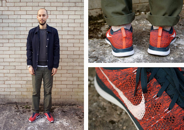 nike flyknit lunar 1+ squadron blue crimson white, nike flyknit wear with, mens nike flyknit lunar, dockers khaki chinos, beige socks, edwin college sweatshirt black, timex weekender