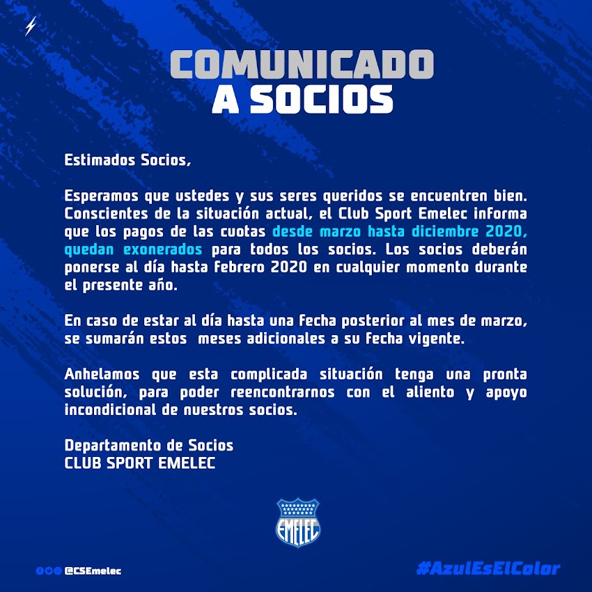 C.S. Emelec exonera el pago de cuotas de los socios hasta diciembre 2020 