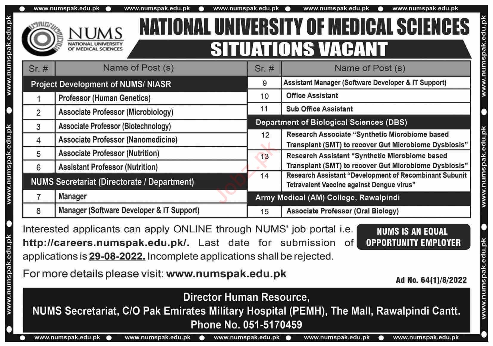 Latest National University of Medical Sciences NUMS Education Posts Rawalpindi 2022