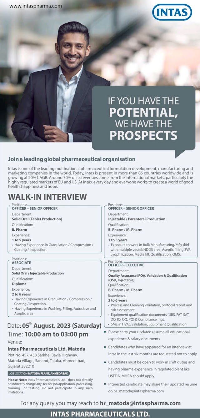 Intas Pharmaceuticals | Walk-in interview for Multiple Positions in Prod & QA on 5th Aug 2023