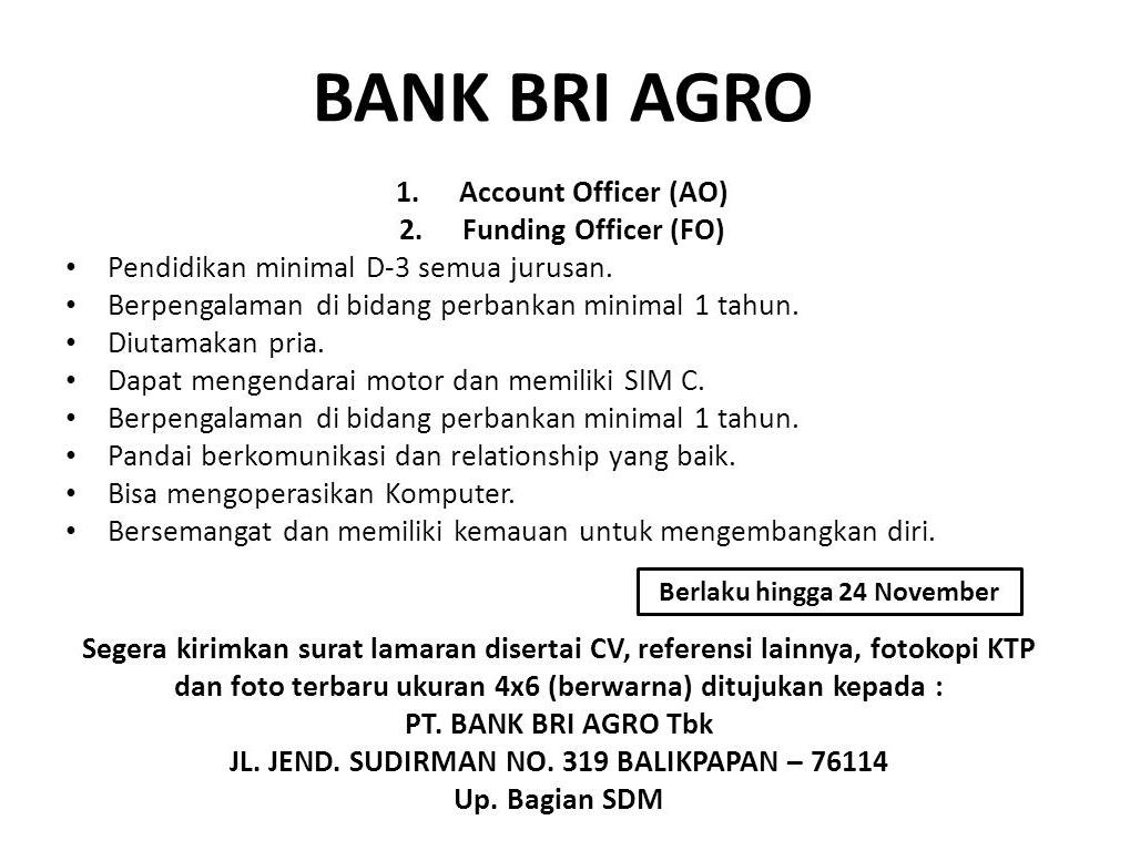 Lowongan Kerja Kota Balikpapan: Lowongan BANK BRI AGRO