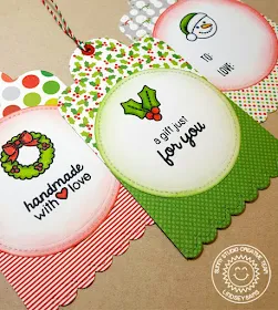 Sunny Studio Stamps: Holiday Gift Tags using Cresent Tag Topper Dies & Christmas Icons Stamps by Lindsey Sams.