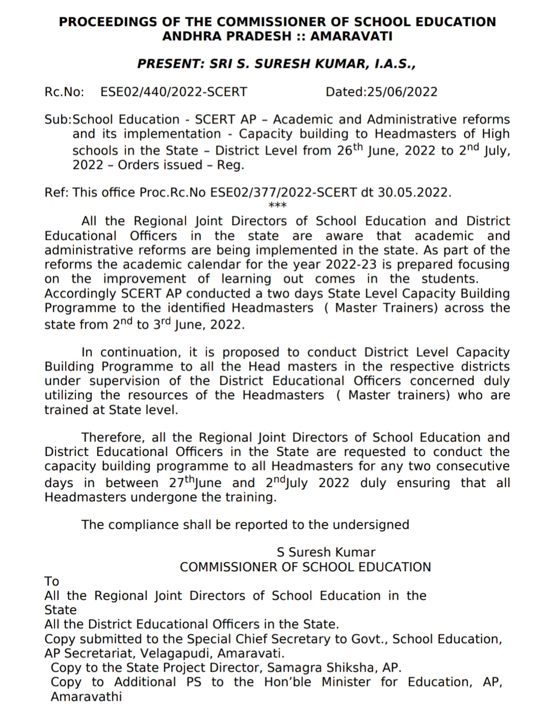 Capacity building to Headmasters of High schools in the State – District Level from 26th June, 2022 to 2nd July, 2022 – Orders